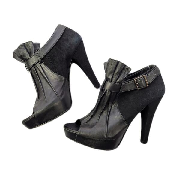Jenni Kayne Black Suede & Leather Pleated Ankle Peep Toe Boots size 38 - Picture 1 of 15